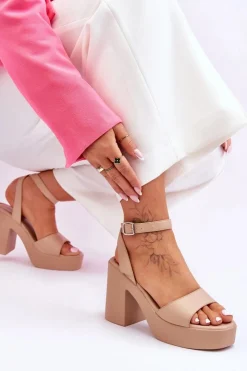 Boto Sandały Na Obcasie*Modne Sandały Na Masywnym Obcasie Beżowe Karmine
