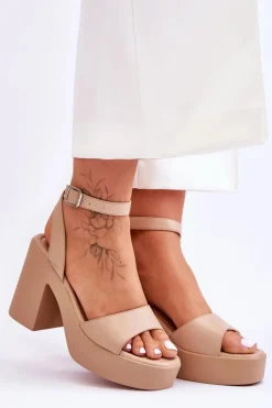 Boto Sandały Na Obcasie*Modne Sandały Na Masywnym Obcasie Beżowe Karmine