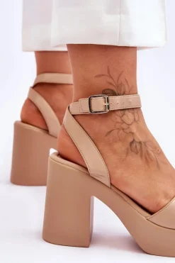 Boto Sandały Na Obcasie*Modne Sandały Na Masywnym Obcasie Beżowe Karmine