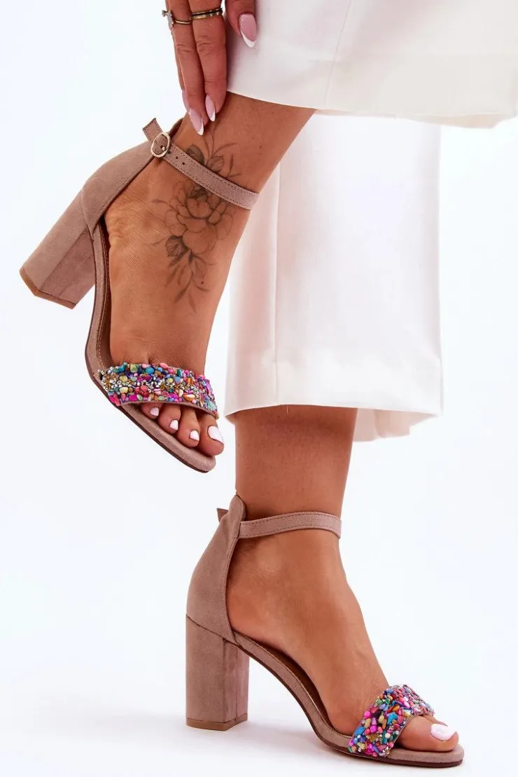 Best Boto Modne Sandały Na Obcasie Z Ozdobnymi Kamieniami Beżowe Love Me