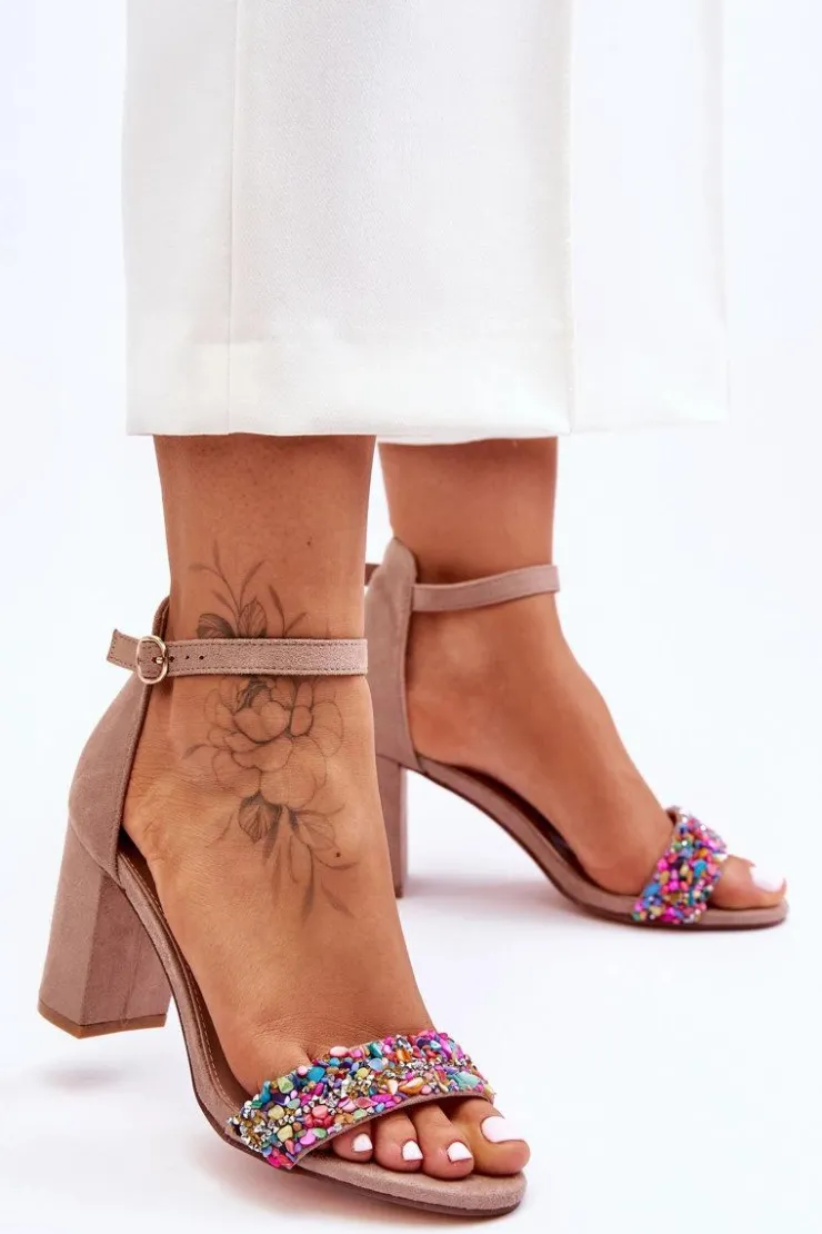 Best Boto Modne Sandały Na Obcasie Z Ozdobnymi Kamieniami Beżowe Love Me