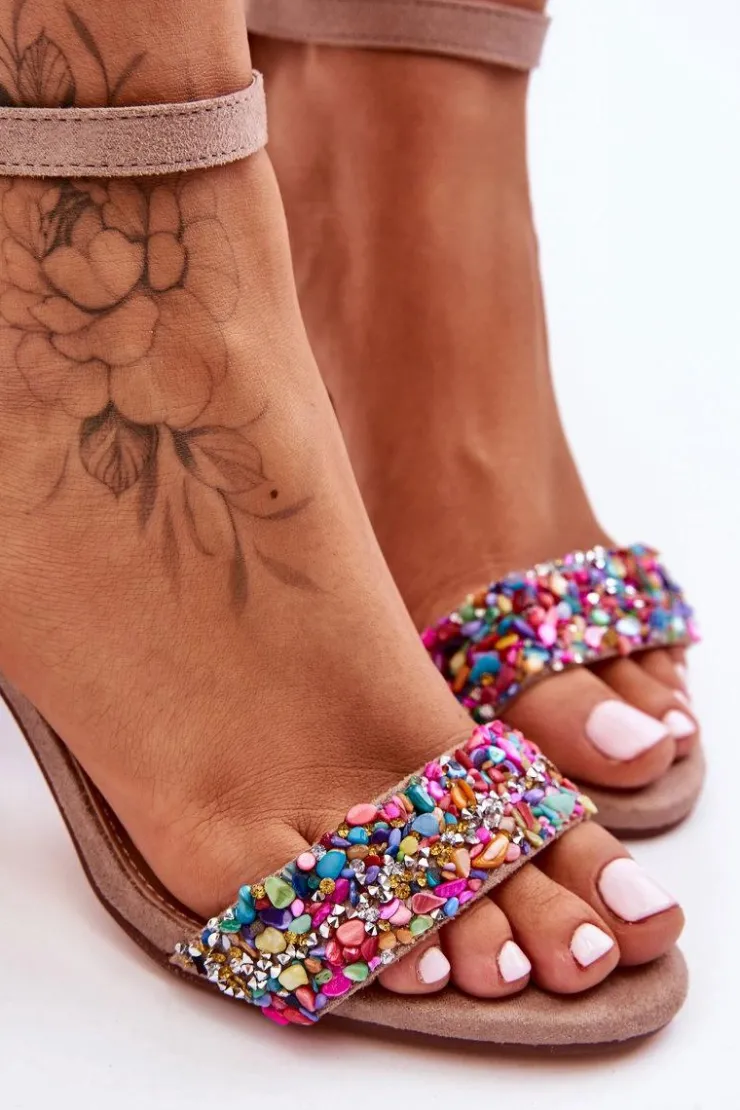 Best Boto Modne Sandały Na Obcasie Z Ozdobnymi Kamieniami Beżowe Love Me