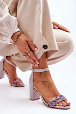 New Boto Modne Sandały Na Obcasie Z Ozdobnymi Kamieniami Szare Love Me