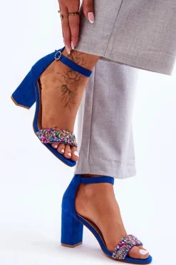 Damskie Boto Modne Sandały Na Obcasie Z Ozdobnymi Kamieniami Niebieskie Love Me