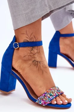 Damskie Boto Modne Sandały Na Obcasie Z Ozdobnymi Kamieniami Niebieskie Love Me