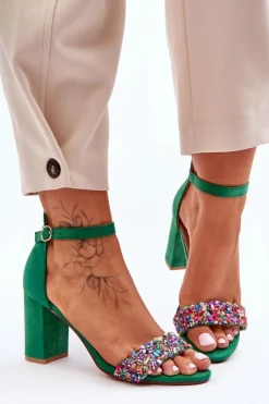 Boto Sandały Na Obcasie*Modne Sandały Na Obcasie Z Ozdobnymi Kamieniami Zielone Love Me
