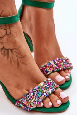 Boto Sandały Na Obcasie*Modne Sandały Na Obcasie Z Ozdobnymi Kamieniami Zielone Love Me