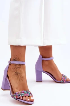 Boto Sandały Na Obcasie*Modne Sandały Na Obcasie Z Ozdobnymi Kamieniami Fioletowe Love Me