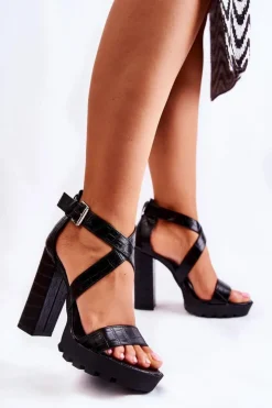Boto Sandały Na Obcasie*Modne Sandały Na Słupku Z Paskiem Wężowe Czarne Rammis