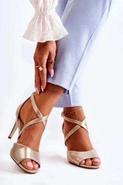 Buty Sergio Leone Sandały Na Obcasie*Modne Sandały Na Szpilce Błyszczące Złote Loressa