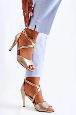 Buty Sergio Leone Sandały Na Obcasie*Modne Sandały Na Szpilce Błyszczące Złote Loressa