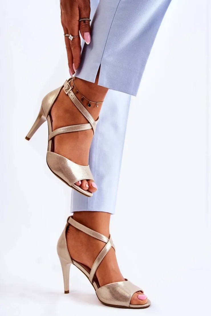 Buty Sergio Leone Sandały Na Obcasie*Modne Sandały Na Szpilce Błyszczące Złote Loressa