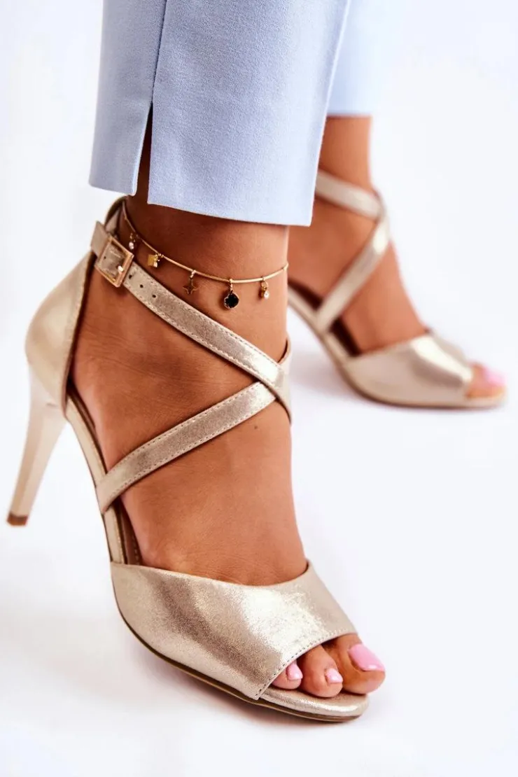 Buty Sergio Leone Sandały Na Obcasie*Modne Sandały Na Szpilce Błyszczące Złote Loressa