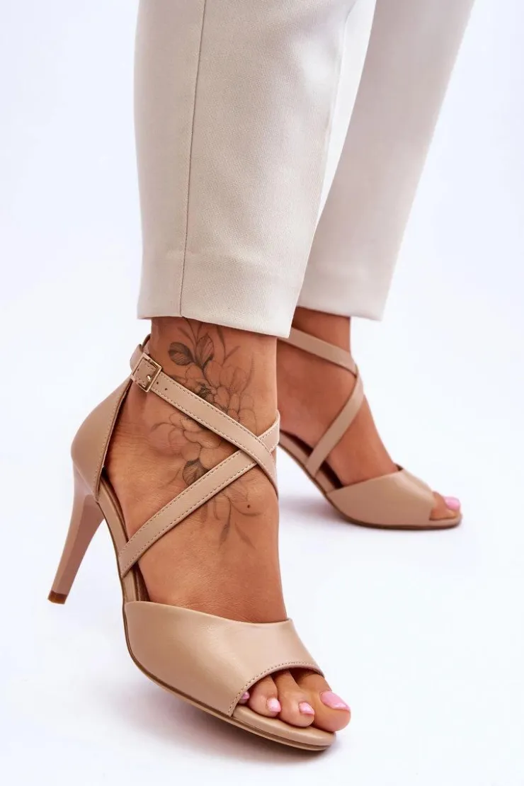 Damskie Buty Sergio Leone Modne Sandały Na Szpilce Ciemnobeżowe Loressa