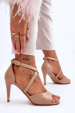 Damskie Buty Sergio Leone Modne Sandały Na Szpilce Ciemnobeżowe Loressa