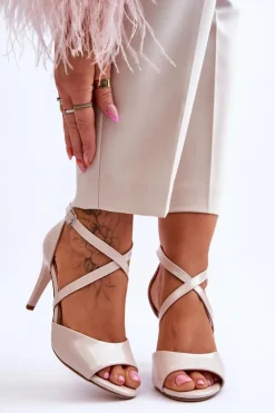 Buty Sergio Leone Sandały Na Obcasie*Modne Sandały Na Szpilce Lakierowane Beżowe Loressa