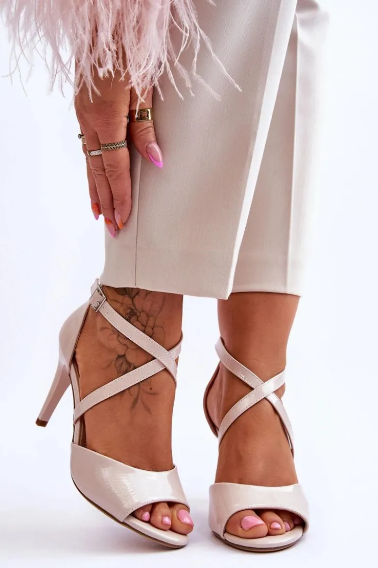 Buty Sergio Leone Sandały Na Obcasie*Modne Sandały Na Szpilce Lakierowane Beżowe Loressa