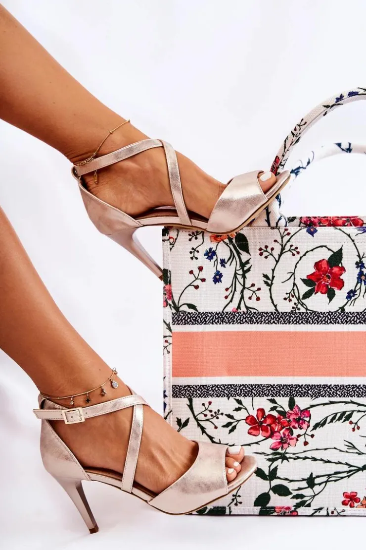 Damskie Buty Sergio Leone Modne Sandały Na Szpilce Złote Loressa