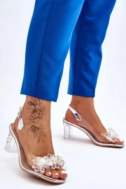 Damskie buty S.Barski Sandały Na Obcasie*Modne Sandały Z Koralikami Srebrne Terrance