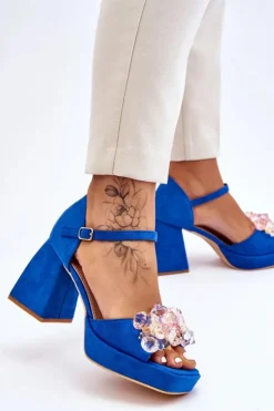 Boto Sandały Na Obcasie*Modne Sandały Z Kryształami Na Masywnym Obcasie Niebieskie Garrett