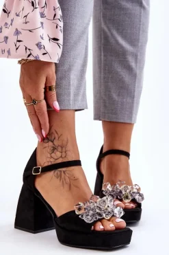 Damskie Boto Modne Sandały Z Kryształami Na Masywnym Obcasie Czarne Garrett