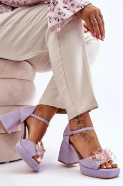 Discount Boto Modne Sandały Z Kryształami Na Masywnym Obcasie Fioletowe Garrett