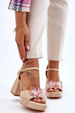 Outlet Boto Modne Sandały Z Kryształami Na Masywnym Obcasie Beżowe Garrett