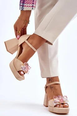 Outlet Boto Modne Sandały Z Kryształami Na Masywnym Obcasie Beżowe Garrett