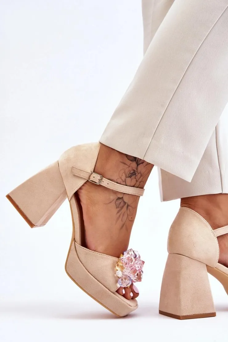 Outlet Boto Modne Sandały Z Kryształami Na Masywnym Obcasie Beżowe Garrett