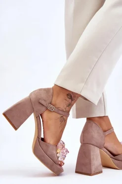 Damskie Boto Modne Sandały Z Kryształami Na Masywnym Obcasie Ciemnobeżowe Garrett