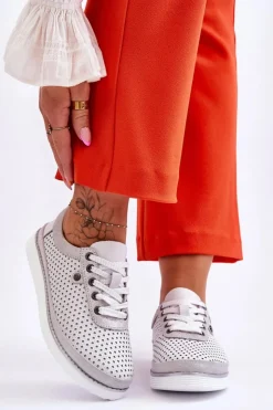 Damskie buty S.Barski Buty Sportowe Na Platformie|Sneakersy Damskie*Modne Skórzane Ażurowe Buty Sportowe Biało-Srebrne Cantare