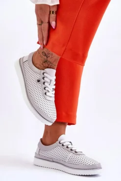 Damskie buty S.Barski Buty Sportowe Na Platformie|Sneakersy Damskie*Modne Skórzane Ażurowe Buty Sportowe Biało-Srebrne Cantare