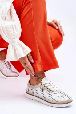 Damskie Damskie buty S.Barski Modne Skórzane Ażurowe Buty Sportowe Biało-Złote Cantare