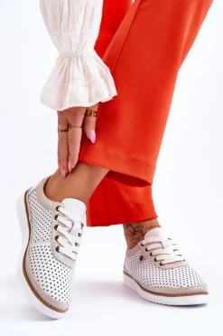 Damskie Damskie buty S.Barski Modne Skórzane Ażurowe Buty Sportowe Biało-Złote Cantare