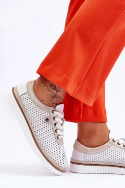 Damskie Damskie buty S.Barski Modne Skórzane Ażurowe Buty Sportowe Biało-Złote Cantare