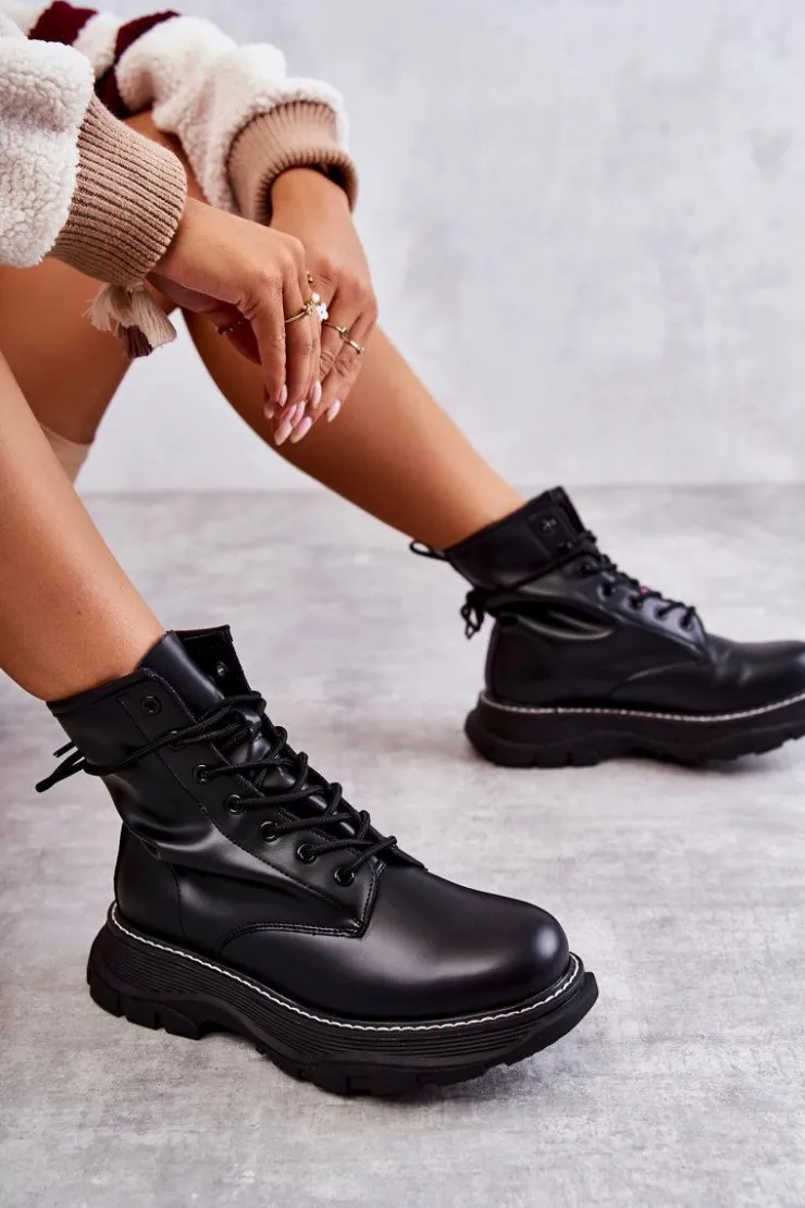 Best Boto Modne Skórzane Botki Glany Czarne Casso