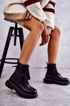 Best Boto Modne Skórzane Botki Glany Czarne Casso