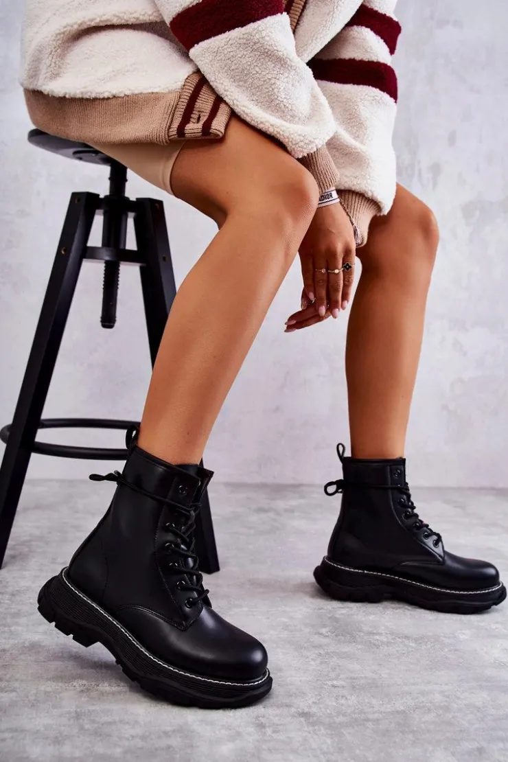 Best Boto Modne Skórzane Botki Glany Czarne Casso