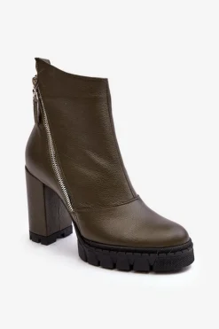 Damskie Laura Messi Modne Skórzane Botki Na Obcasie 2509 Ciemnozielone