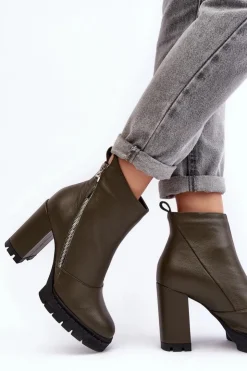 Damskie Laura Messi Modne Skórzane Botki Na Obcasie 2509 Ciemnozielone