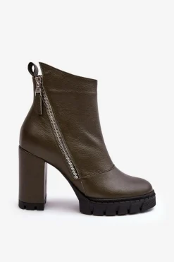 Damskie Laura Messi Modne Skórzane Botki Na Obcasie 2509 Ciemnozielone