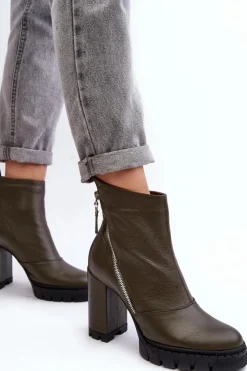 Damskie Laura Messi Modne Skórzane Botki Na Obcasie 2509 Ciemnozielone