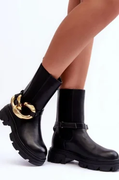 Outlet Boto Modne Skórzane Botki Sztyblety z Łańcuchem Czarne Kambiz