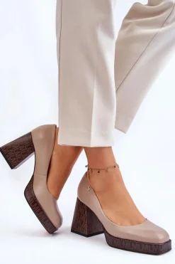 Damskie Laura Messi Modne Skórzane Czółenka 2599 Beżowe