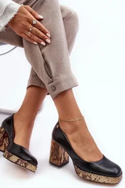 Laura Messi Czółenka Na Platformie|Czółenka Na Słupku*Modne Skórzane Czółenka 2599 Czarne Czarny