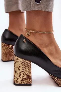 Laura Messi Czółenka Na Platformie|Czółenka Na Słupku*Modne Skórzane Czółenka 2599 Czarne Czarny