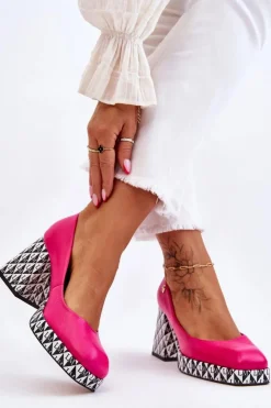 Outlet Laura Messi Modne Skórzane Czółenka 2599 Fuksja