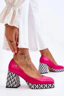 Outlet Laura Messi Modne Skórzane Czółenka 2599 Fuksja