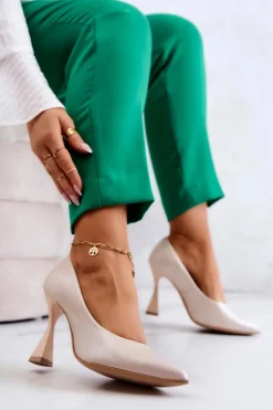 Damskie Boto Modne Skórzane Czółenka Lewski Shoes 3181 Beżowe