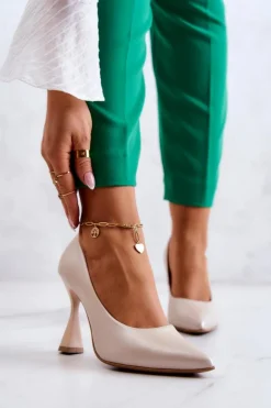 Damskie Boto Modne Skórzane Czółenka Lewski Shoes 3181 Beżowe